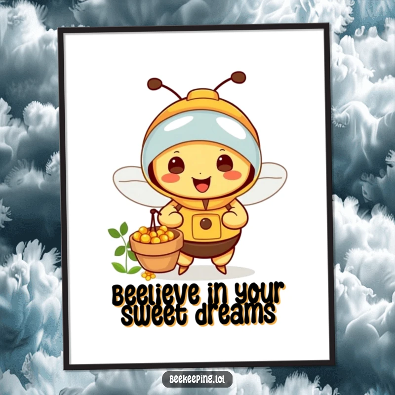 Funny Free Printable Beekeeper Bee Wall Art a cute bee in a suit collecting nectar, perfect downloadable humorous decor.