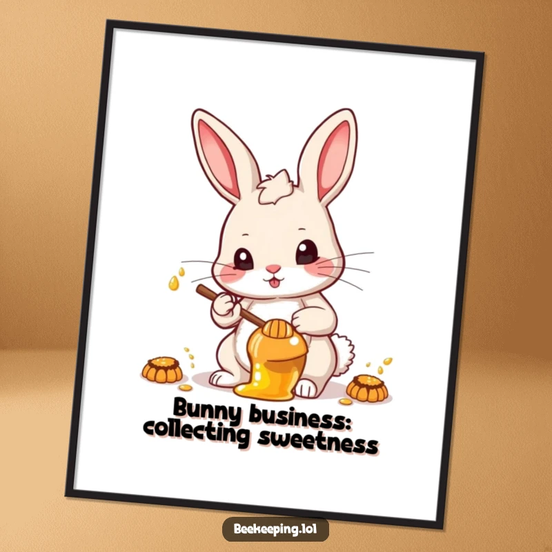 Funny Free Printable Wall Art: A determined cartoon rabbit collects honey with intense focus, ready for any challenge.
