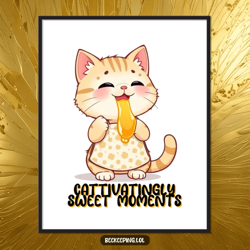 Funny Free Printable Cat Wall Art: Playful cat in apron tastes honey, creating charming and humorous downloadable decor.