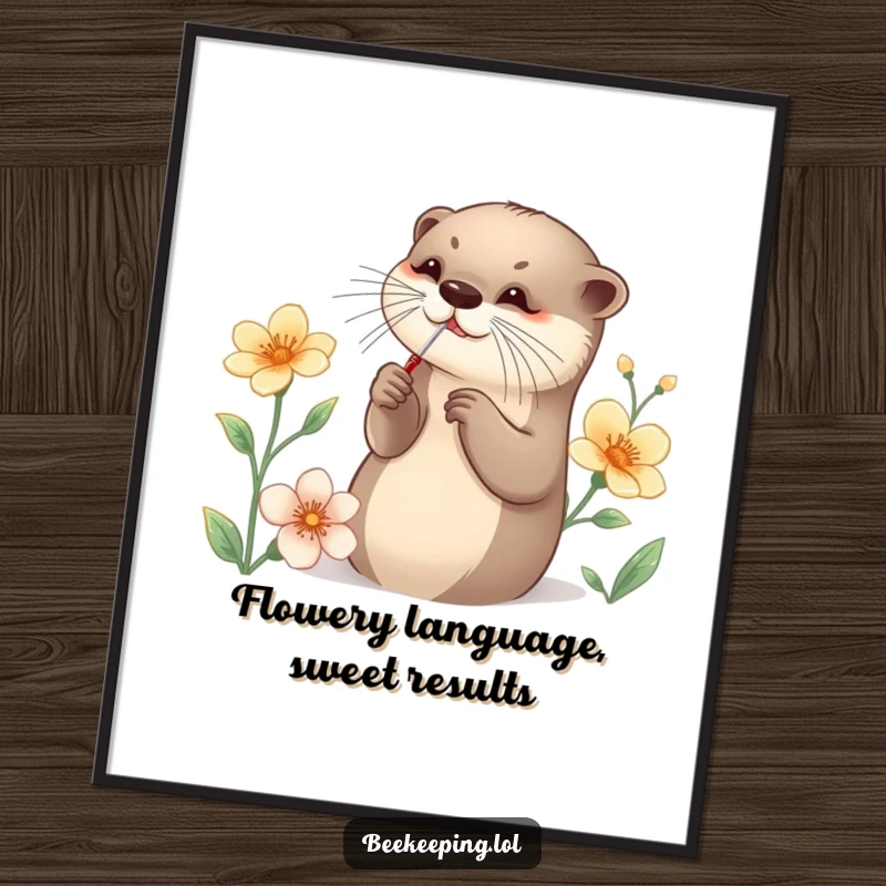 Free Printable Wall Art depicting a graceful otter using a tiny tool to gather nectar from a flower, perfect for downloadable decor.