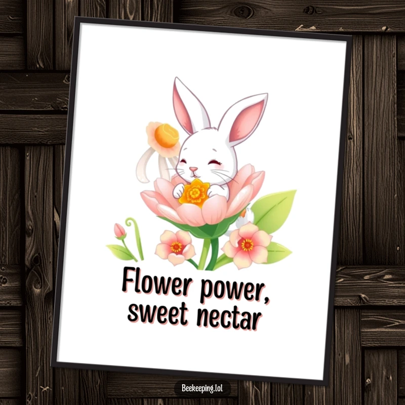Funny Free Printable Wall Art: A playful bunny cheerfully sipping nectar from a giant, vibrant flower.