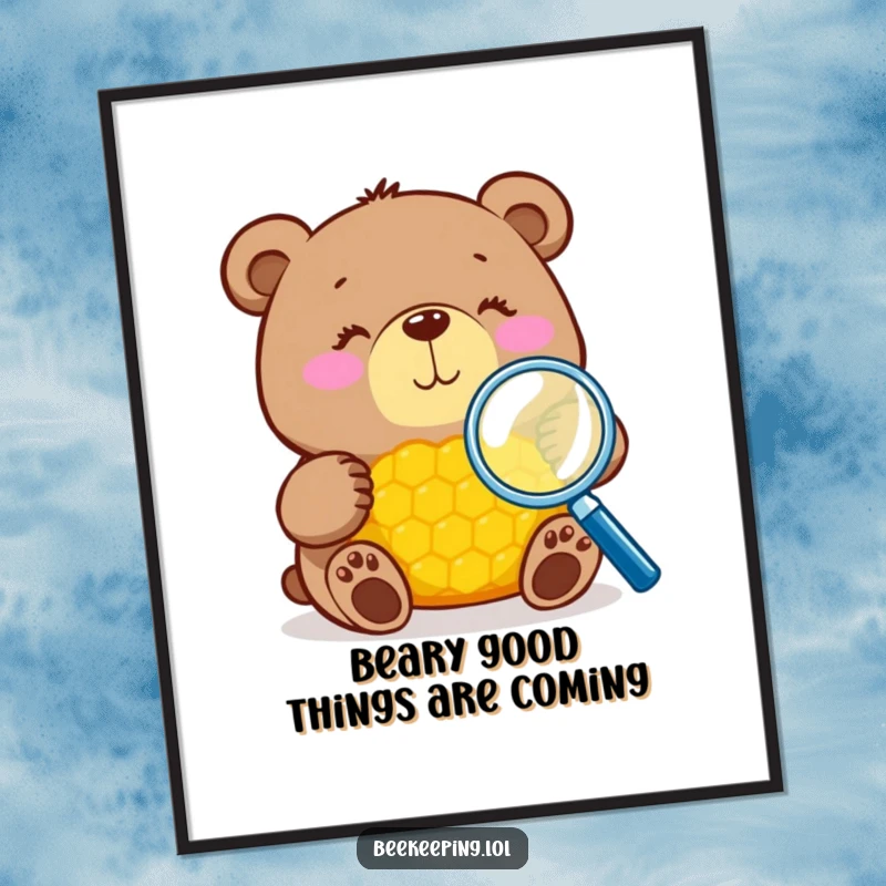 Funny Free Printable Wall Art: A curious bear with a magnifying glass inspects a honeycomb, whimsical art.