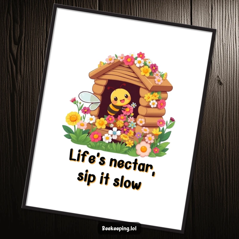 Funny Free Printable Wall Art: A cheerful busy bee tending a hive overflowing with colorful flowers, a downloadable home decor piece.