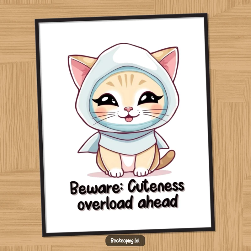 Funny Free Printable Wall Art: A giggling cat wearing a protective beekeeper veil and smock, looking mischievous.
