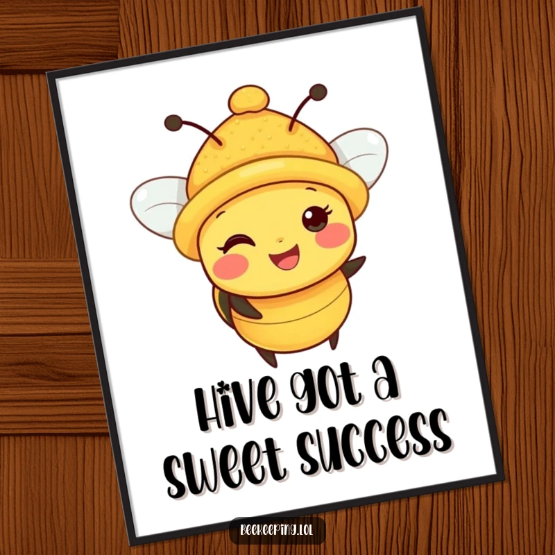 Funny Free Printable Wall Art: A happy bee wearing a tiny hat completely covered in yellow pollen, looking delighted.