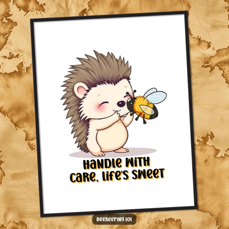 Funny Free Printable Wall Art: A wobbly hedgehog delicately attempts to brush a small bee, a charming downloadable art piece.