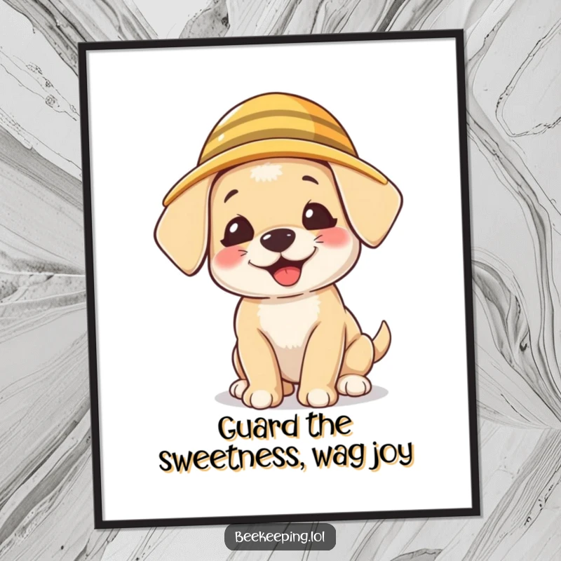 Funny free printable wall art of a giggling puppy sporting a cute, tiny beekeeper hat.