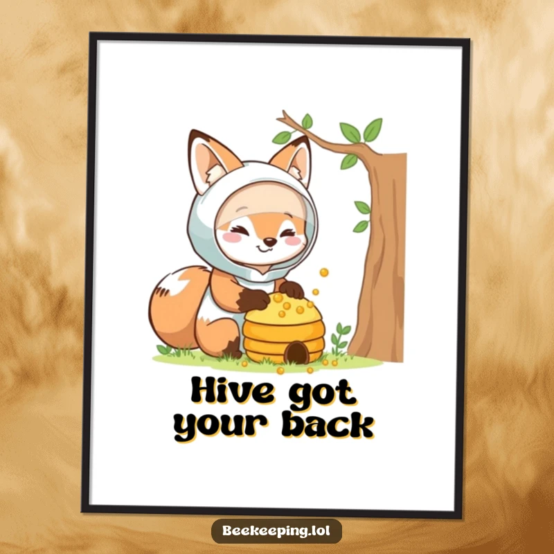 Funny Free Printable Wall Art: Smiling fox in a beekeeper suit, tending a beehive with care.