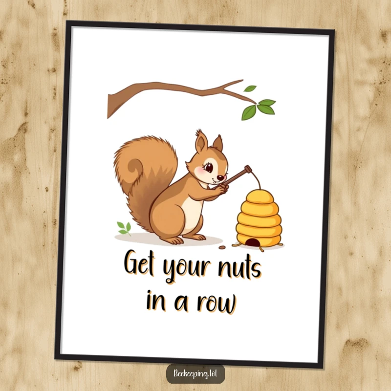 Funny Free Printable Wall Art: A playful squirrel gently taps a beehive with a stick, whimsical art.