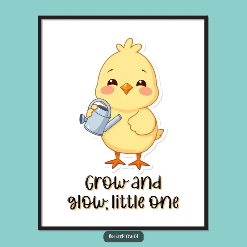 Funny Free Printable Wall Art: Cheerful Chick Watering Cute Art, Downloadable Decor