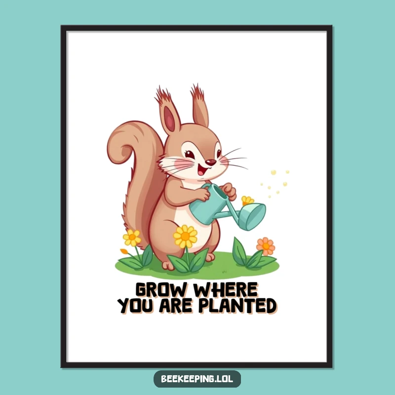 Free Printable Wall Art: Funny Squirrel Watering Flowers, Quirky Downloadable Decor