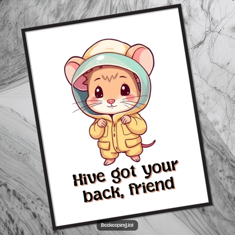 Funny Free Printable Wall Art: A shy mouse hiding behind a comically large beekeeping suit, looking a bit scared but cute. Humorous wall decor.