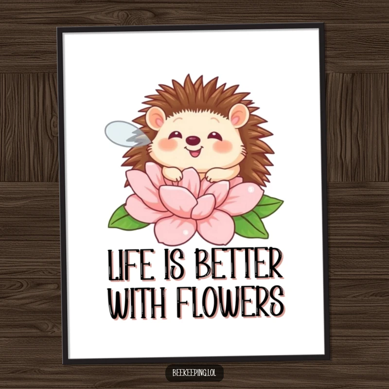 Funny Free Printable Wall Art: A giggling hedgehog with tiny bee wings buzzing joyfully around a large, vibrant flower. Humorous garden decor.