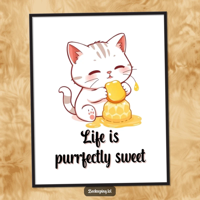 Funny Free Printable Wall Art: A focused cat gently collecting honey from a glowing honeycomb.