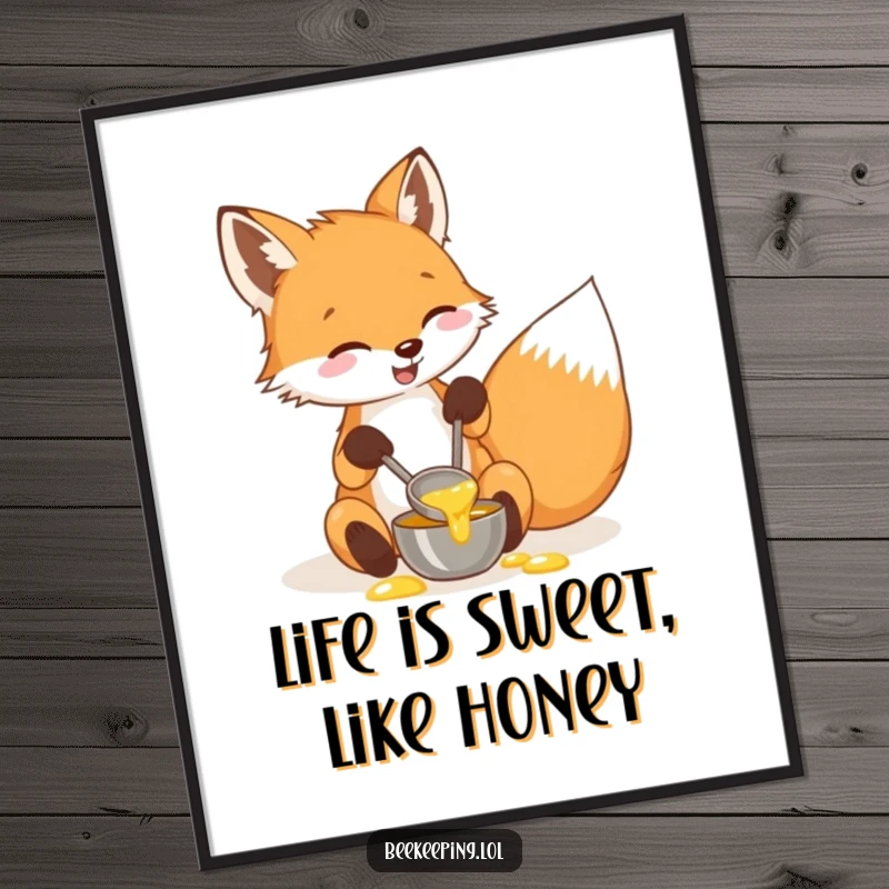 Funny Free Printable Wall Art: A delighted fox with a small ladle carefully collecting honey, whimsical art.