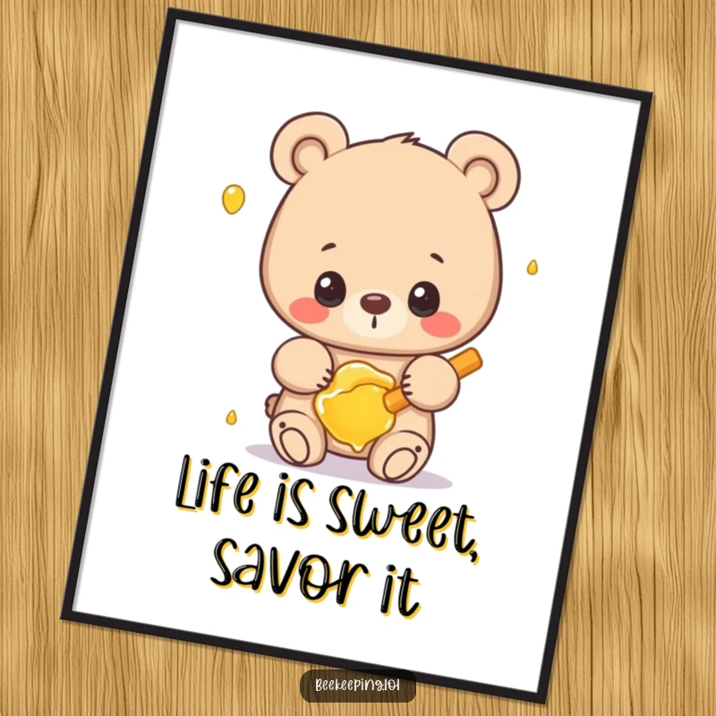 Funny Free Printable Wall Art: A proud bear gently handles a frame of golden honey, looking pleased.