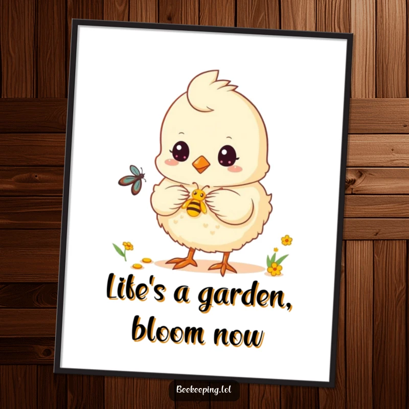 Funny Free Printable Wall Art: A fluffy chick diligently collects nectar from a vibrant flower.
