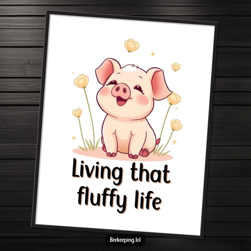 Funny Free Printable Wall Art: Delighted piglet watching fluffy seed heads float, a cheerful and humorous downloadable art piece.