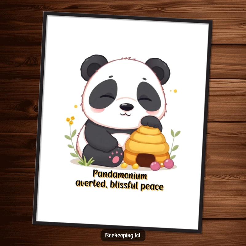 Free Printable Wall Art featuring a contented, sleepy panda cub sitting peacefully beside a beehive, perfect for downloadable decor.