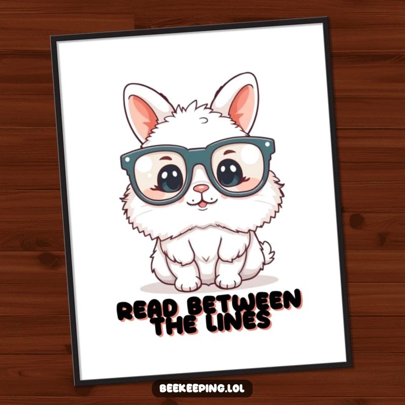 Funny Free Printable Wall Art featuring a fluffy bunny with oversized reading glasses, looking studious and humorous.