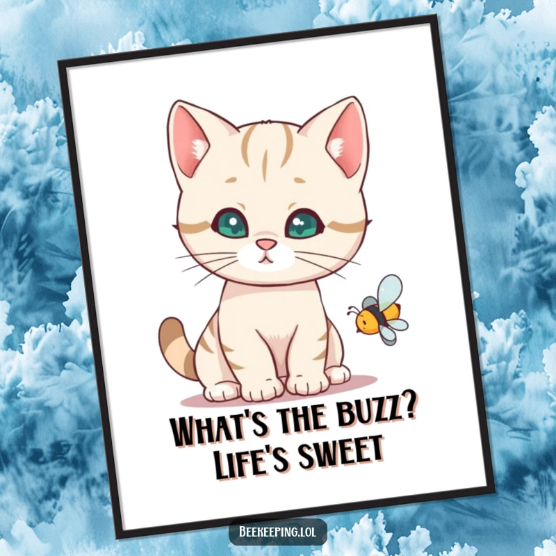 Funny Free Printable Wall Art: A curious cat inspects a buzzing bee, with a quirky expression.