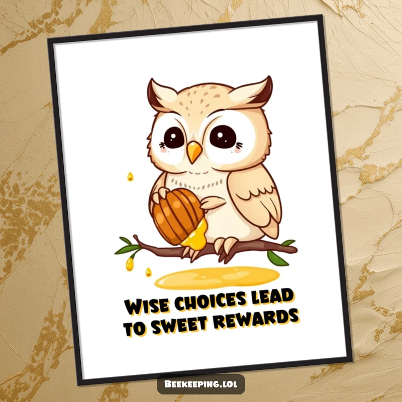 Funny Free Printable Wall Art: A proud owl diligently collecting golden honey from a honeycomb, a charming downloadable art piece.
