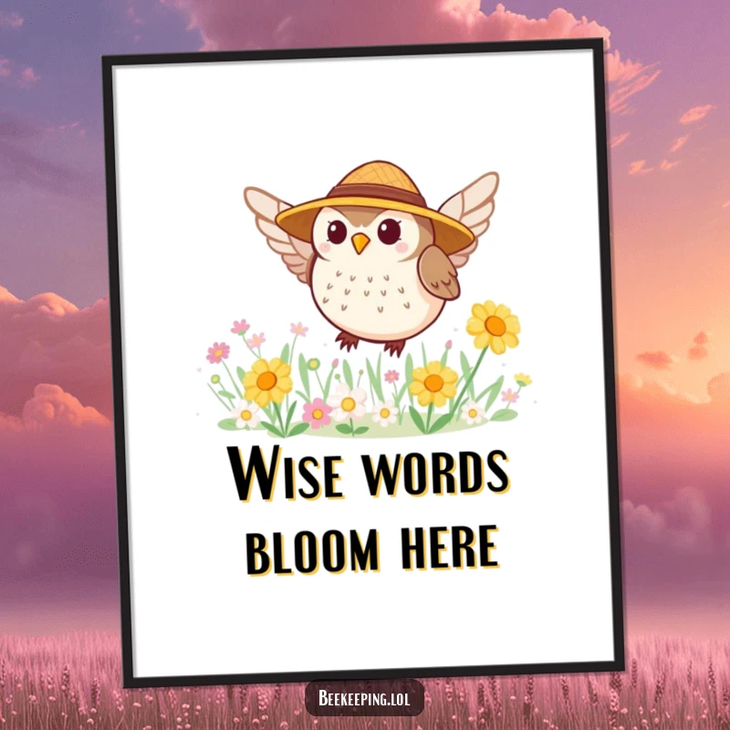 Funny Free Printable Owl Wall Art: A tiny, round owl in a straw hat joyfully buzzing around a vibrant flower patch.