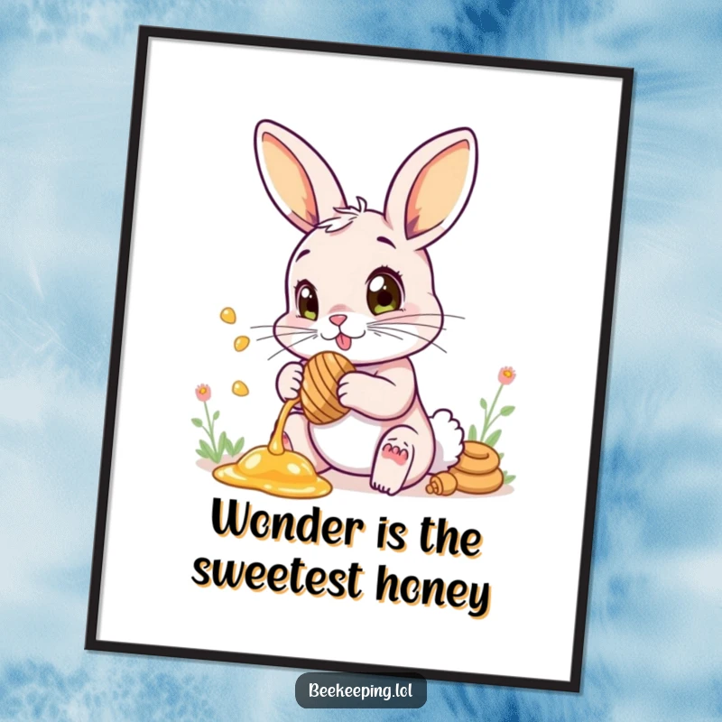 Funny Free Printable Wall Art: A bunny collecting honey with wide eyes full of wonder, a charming downloadable decor.