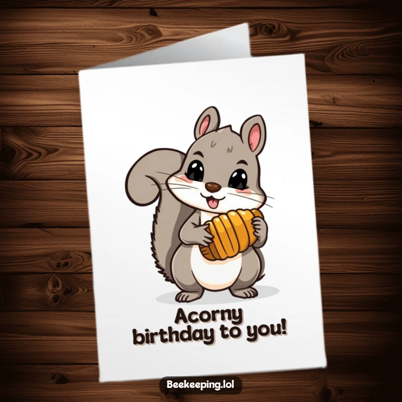 Funny Free Printable Birthday Card showing a brave squirrel proudly holding a comb full of delicious honey.