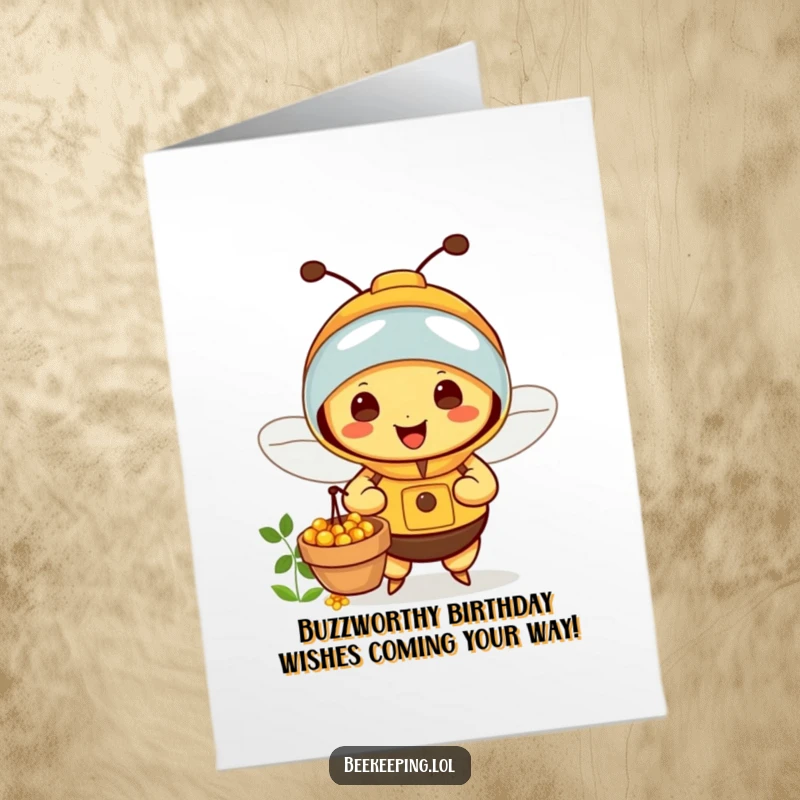 Funny Free Printable Beekeeper Bee Birthday Card cheerful little bee in a suit collecting nectar, a sweet DIY gift.