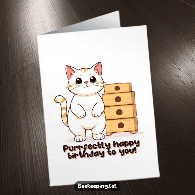 Funny Free Printable Birthday Card: A proud cat sitting regally next to a tall stack of empty beehives. Humorous and confident.