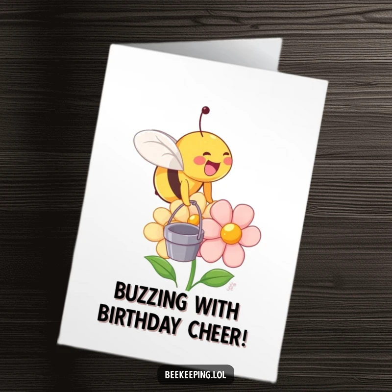 Funny Free Printable Birthday Card: Joyful bee landing on a smiling flower with a tiny bucket, spreading cheer.