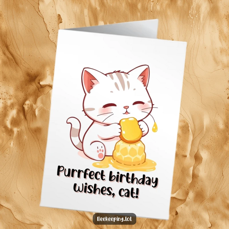 Funny Free Printable Birthday Card: A determined cat gently collects honey from a glowing comb.