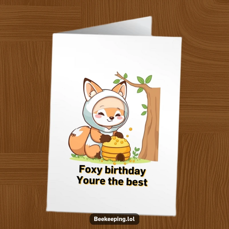 Funny Free Printable Birthday Card: Adorable fox in beekeeper suit tending hive, offering a warm smile.