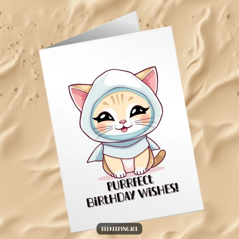 Funny Free Printable Birthday Card: A giggling cat dressed in a beekeeper veil and smock, celebrating.