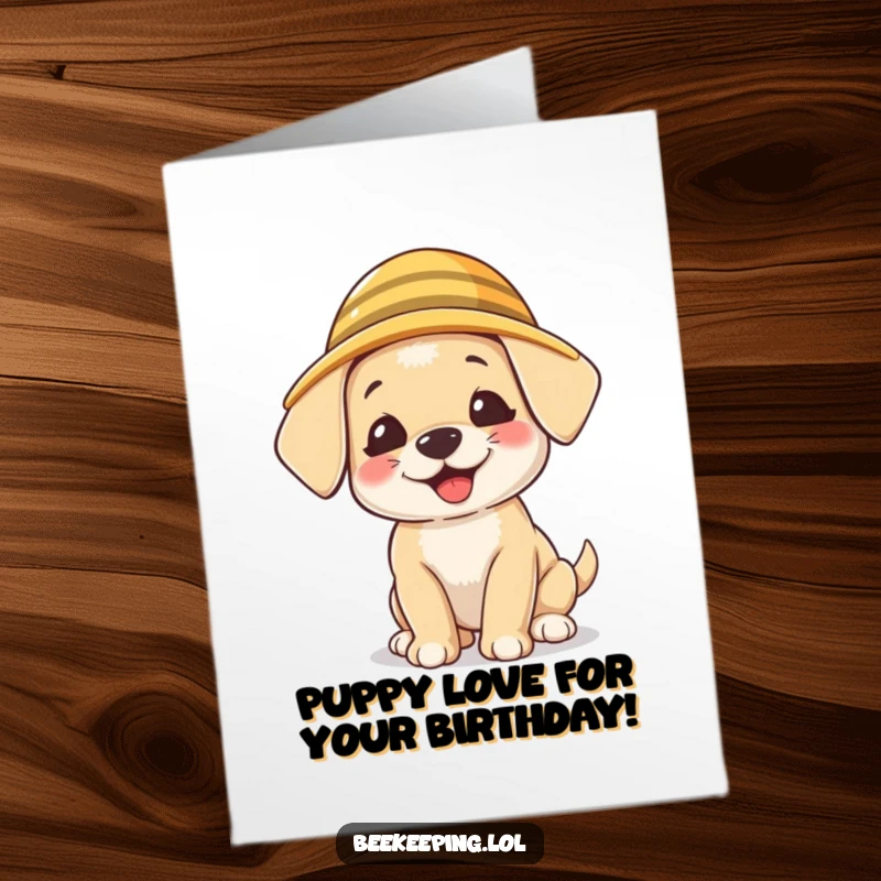 Funny free printable birthday card featuring a giggling puppy in a tiny beekeeper hat.