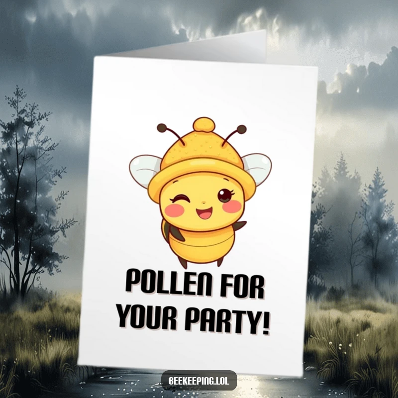 Funny Free Printable Birthday Card: A happy bee sporting a tiny hat dusted with pollen, ready to celebrate.