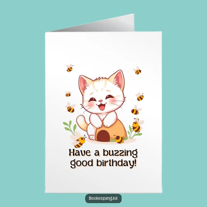 Free Printable Birthday Card: Playful Kitten Bees Surprise, Downloadable Fun!
