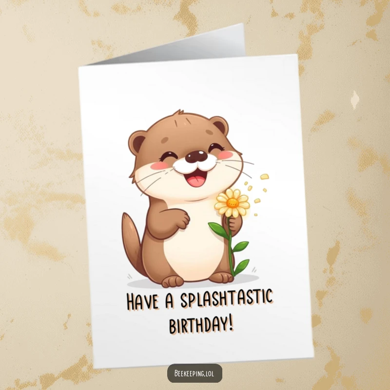 Free Printable Birthday Card: A playful cartoon otter with a happy grin sprinkles a flower, celebrating a birthday.