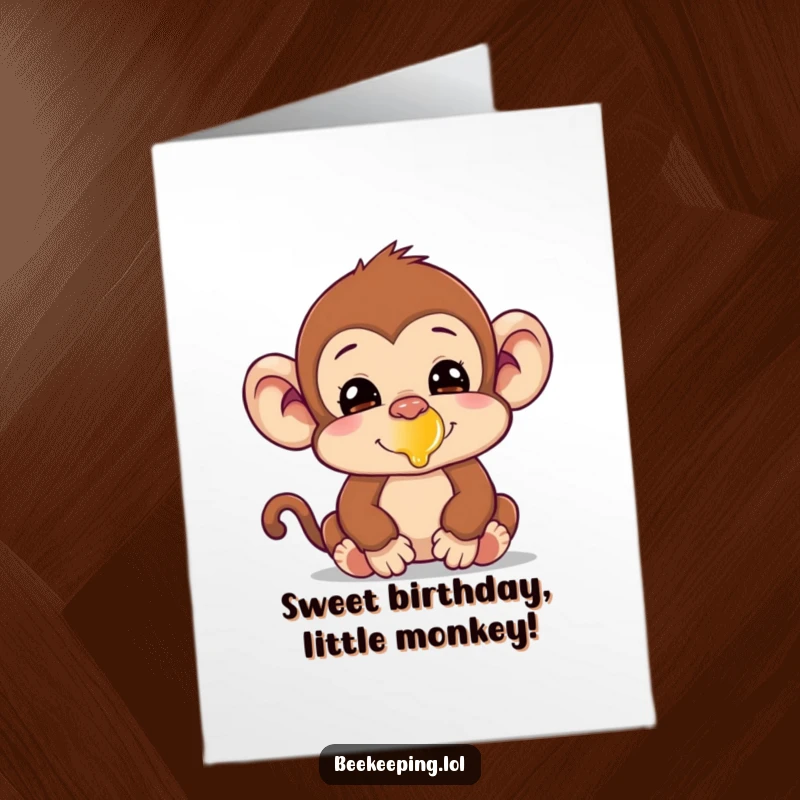 Funny Free Printable Birthday Card: A silly monkey with a tiny drop of honey stuck to its nose, looking surprised. Comical and cute.