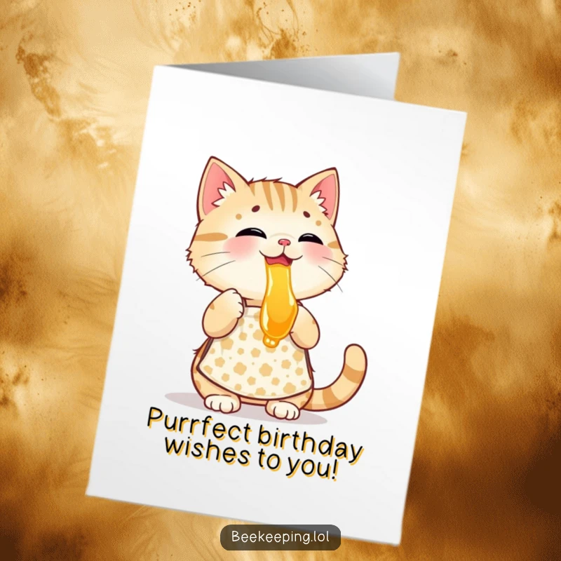 Funny Free Printable Cat Birthday Card: Playful cat in apron tastes honey, a delightful and humorous DIY greeting.