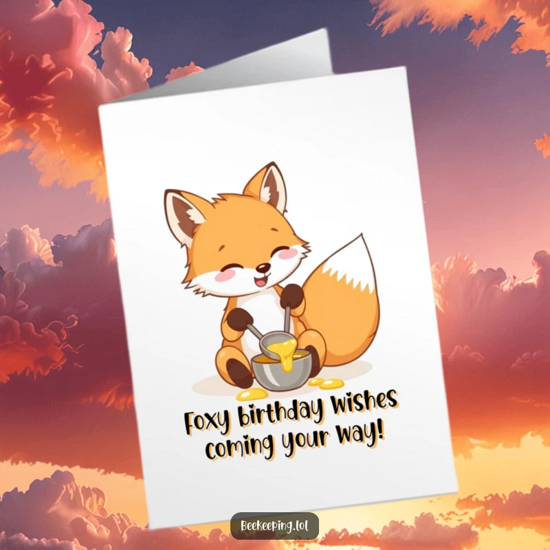 Funny Free Printable Birthday Card: A delighted fox carefully collecting honey with a small ladle.