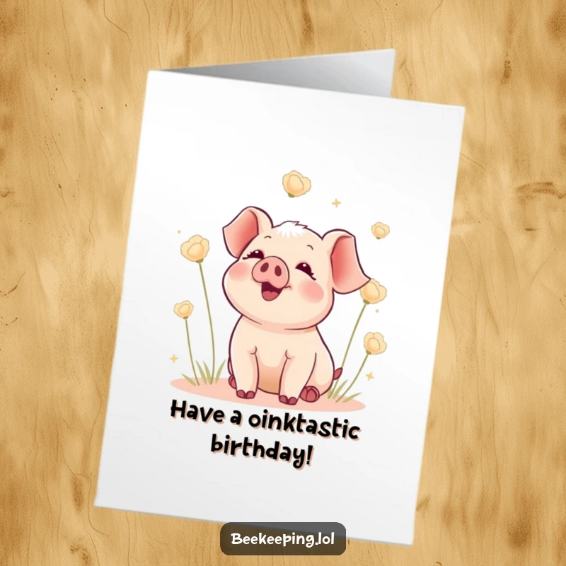 Funny Free Printable Birthday Card: Delighted piglet watching floating seed heads, a joyful and humorous downloadable card for birthdays.