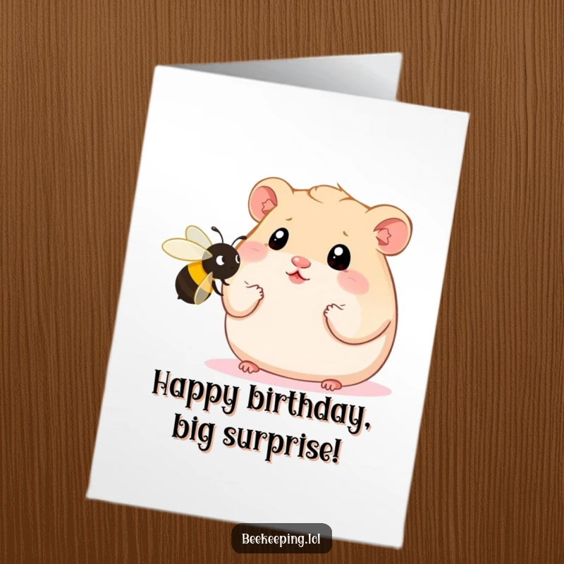Funny Free Printable Birthday Card illustration of a plump hamster with wide eyes staring in awe at a huge bee, perfect for downloadable wishes.