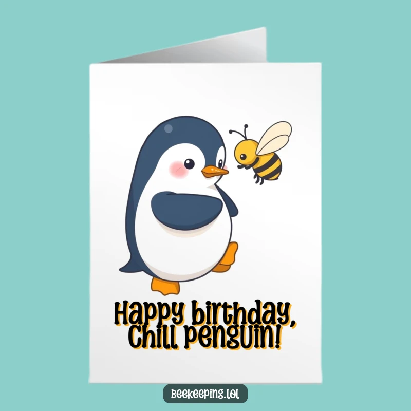 Free Printable Penguin Birthday Card: Shy Near Bee, Downloadable Funny Gift