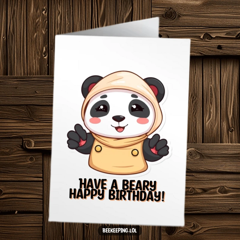 Funny Free Printable Birthday Card: A happy panda wearing a beekeeper veil offers a warm smile. Cute and humorous design.