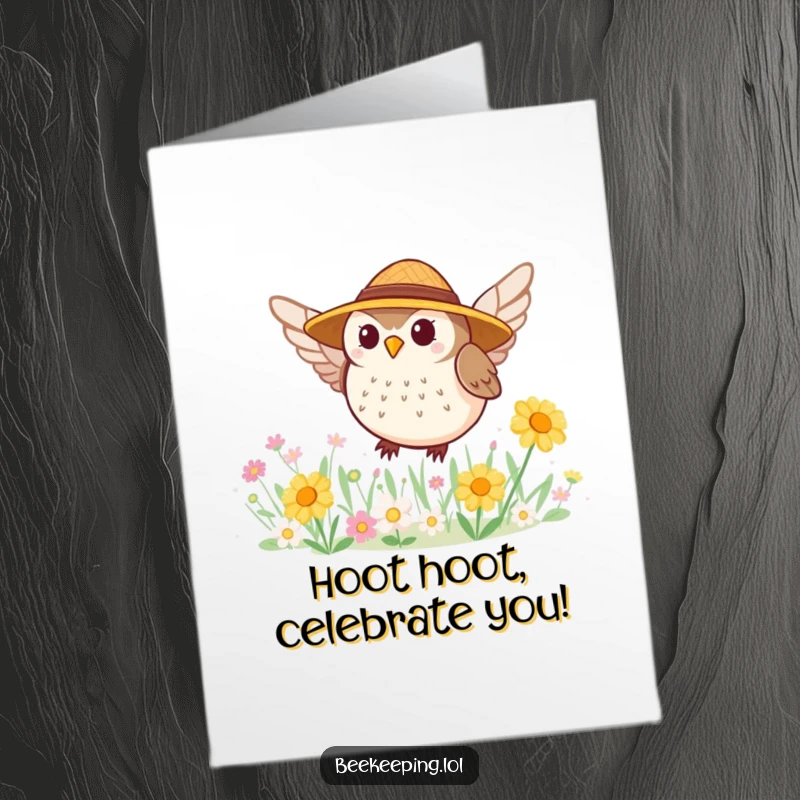 Funny Free Printable Owl Birthday Card: Tiny round owl in a straw hat buzzing around flowers, ready for fun.
