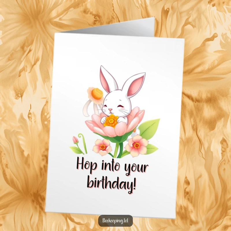 Funny Free Printable Birthday Card: A playful bunny joyfully sipping nectar from a giant, colorful flower.