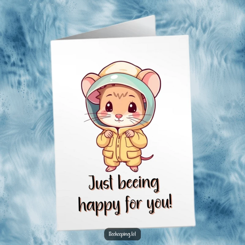 Funny Free Printable Birthday Card: Shy mouse peeking from behind a giant beekeeping suit, looking a bit overwhelmed. Adorable and humorous.