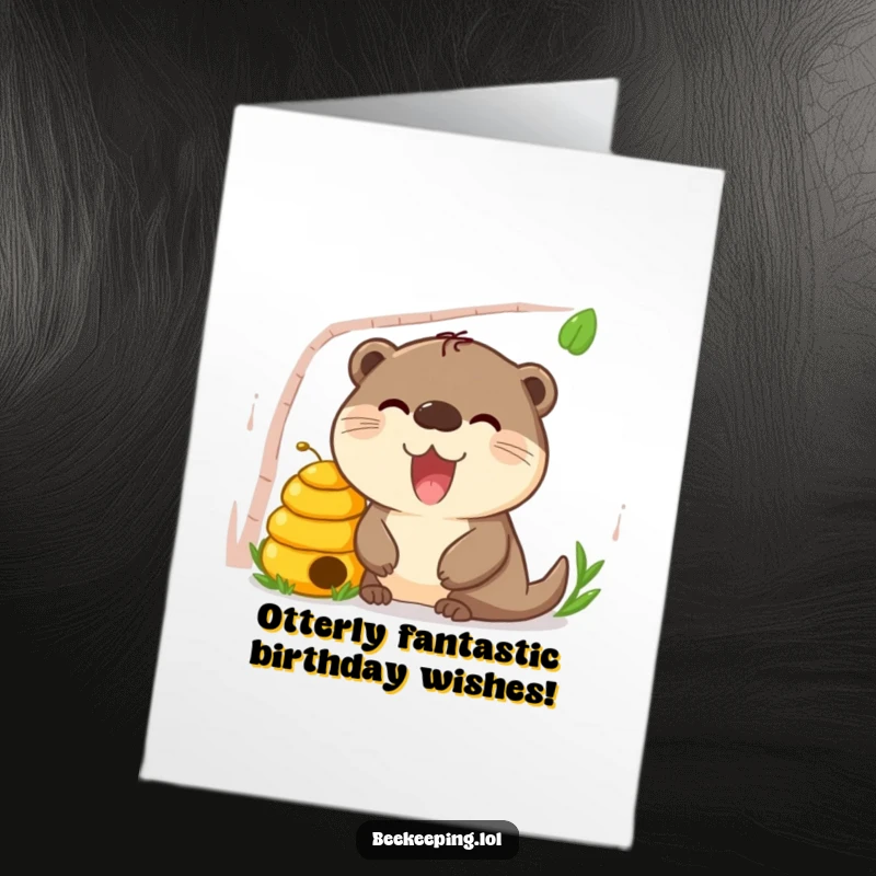 Funny free printable birthday card showing a happy otter curiously peeking into a beehive.
